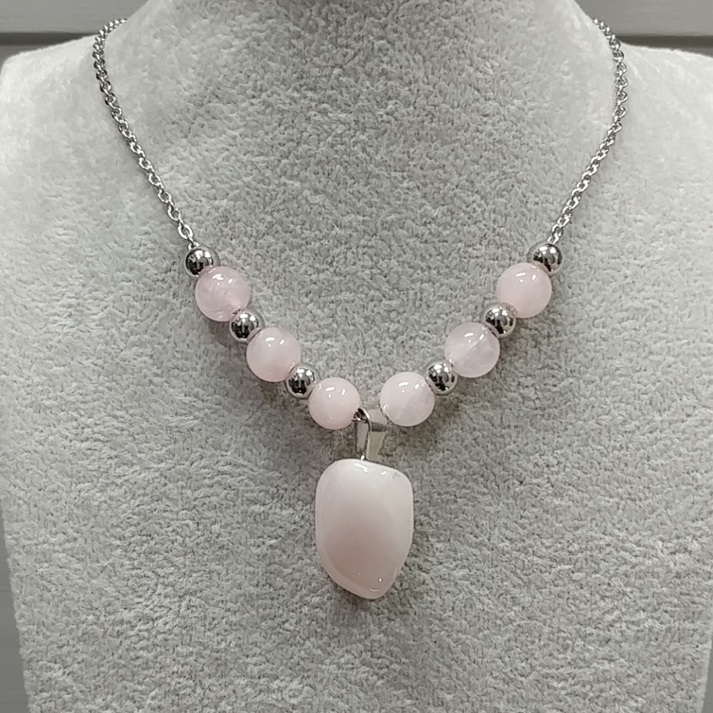 Rose Quartz Necklace Natural Gemstone Crystal Pendant Stainless-Steel Chain
